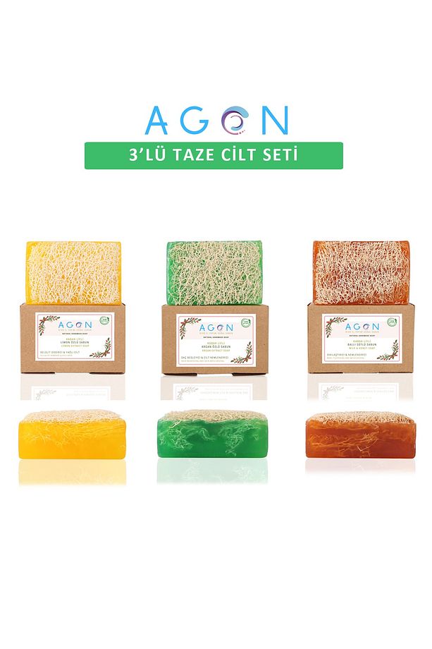 Agon %100 El Yapımı Kabak Lifli Doğal Argan, Ballı Süt Ve Limon Sabunlu Taze Cilt Seti