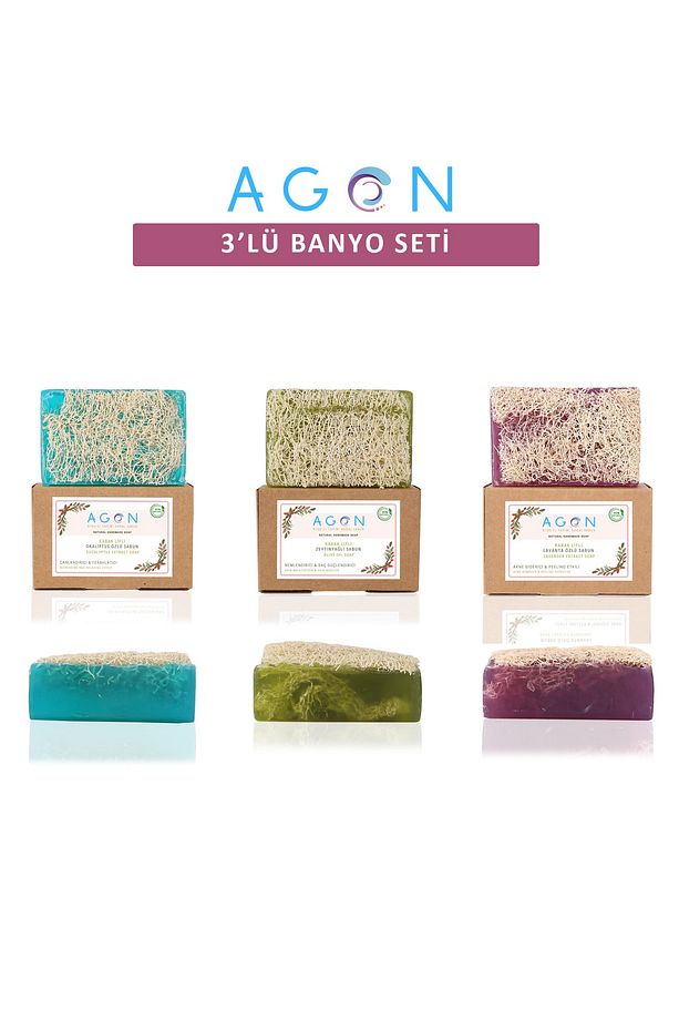 Agon %100 El Yapımı Kabak Lifli Doğal Zeytinyağı, Okaliptus Ve Lavanta Sabunlu Banyo Seti
